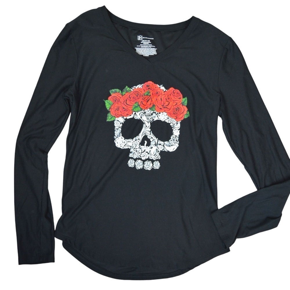 No Boundaries Stretchy Skull with Roses‎ Long Sleeve Tee, Large